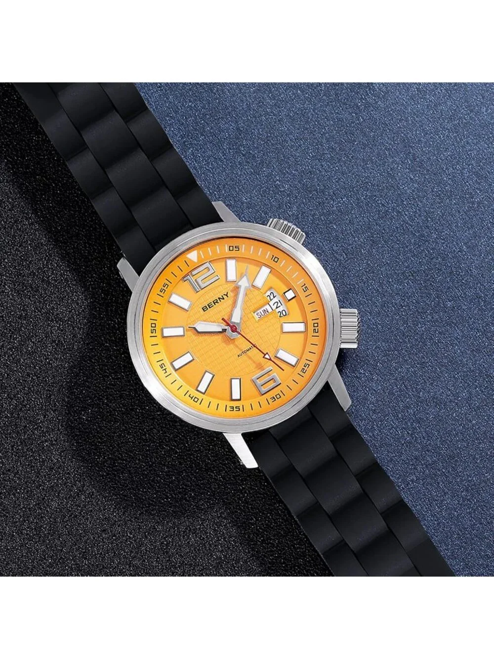 Men's Yellow Automatic Dive Waterproof Mechanical Movement Silicone Band Watches